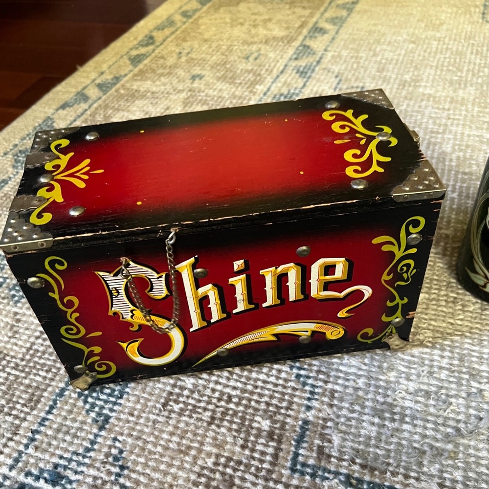 Vintage Wooden Shoe Shine Box Red Black Hand Painted 5 Cent Carnival Style Decor